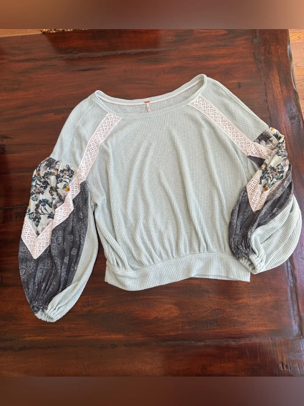 Free People Casual Clash Floral Patchwork Crochet Balloon Sleeve Thermal Top